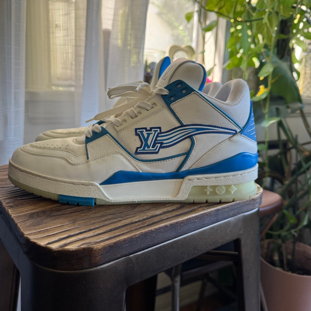 Louis Vuitton LV Trainer Sneakers White Blue Leather Men's Size 11 GO 0270